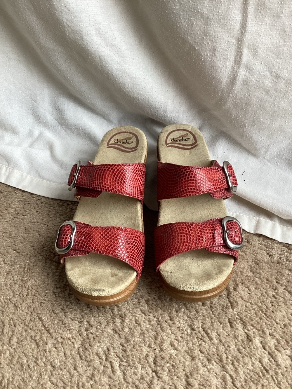 Dansko Red Snake-Textured Double Buckle Slide Sandals
